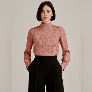 Missguided Roll Neck Hidden Long Sleeve Silky Rose Gold Black Dots blouse Size 6